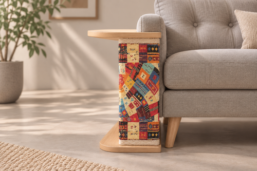 Heritage sofa corner cat scratcher shown beside a sofa