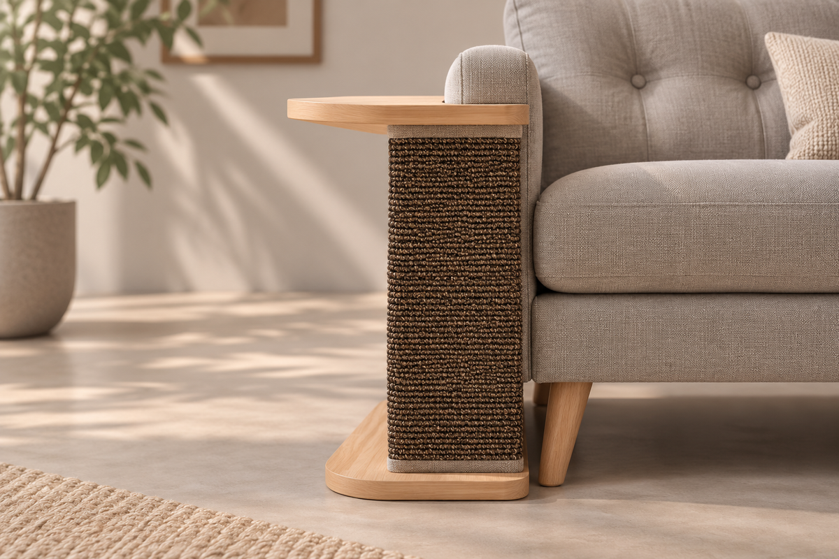 Coffee brown replacement mat installed on the sofa-corner scratching table, side view. Table shown for context; sold separately.