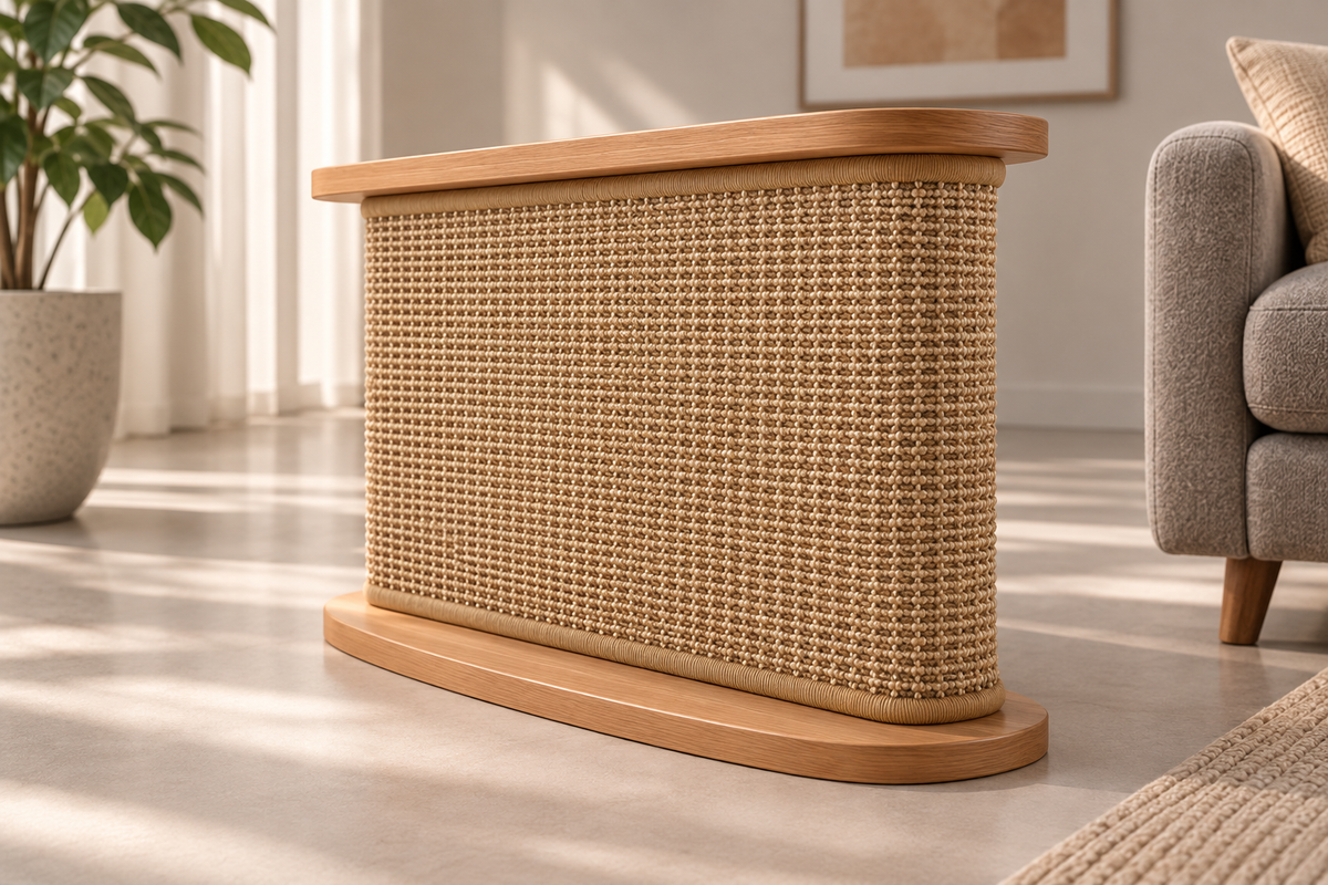 Light yellow replacement mat installed on the sofa-corner scratching table, front view. Table shown for context; sold separately.