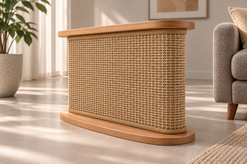 Light yellow replacement mat installed on the sofa-corner scratching table, front view. Table shown for context; sold separately.