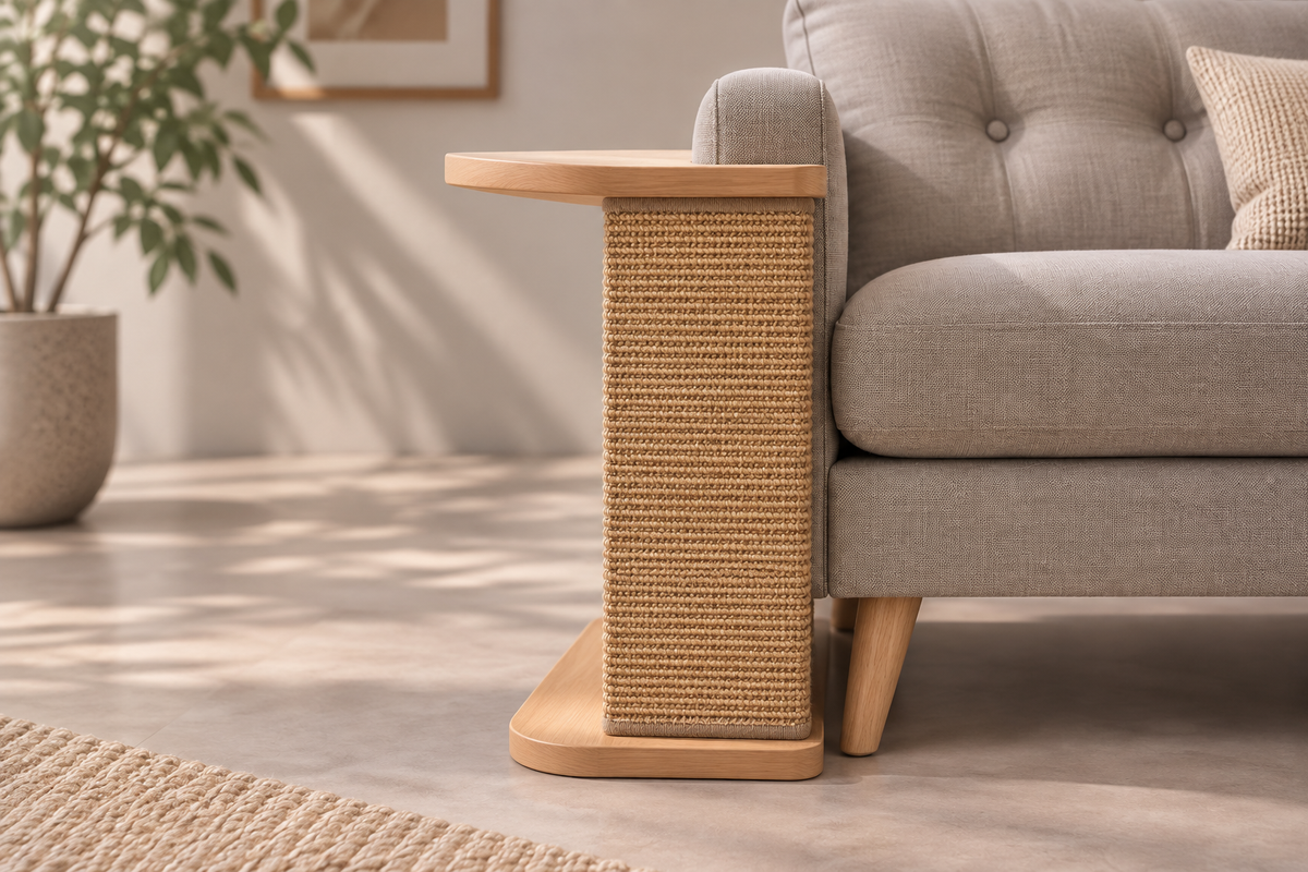 Light yellow replacement mat installed on the sofa-corner scratching table, side view. Table shown for context; sold separately.