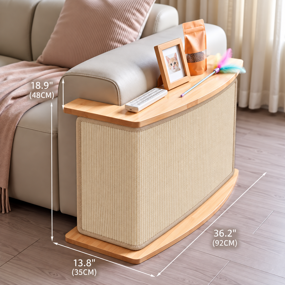 Meow corner Left Natural sofa-side view with dimensions