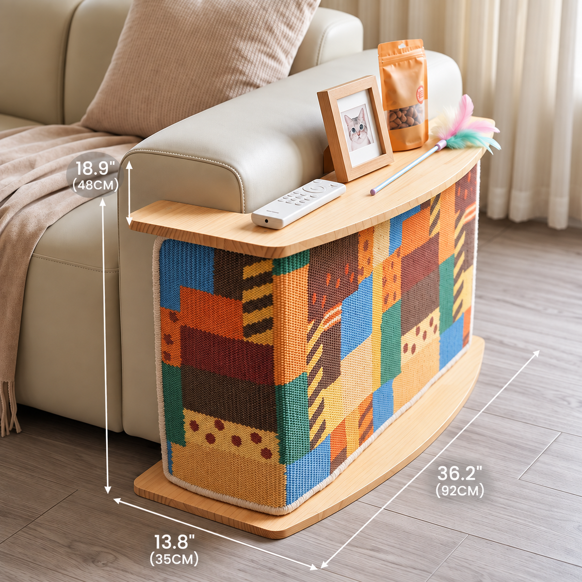 Meow corner Left Patchwork sofa-side view with dimensions