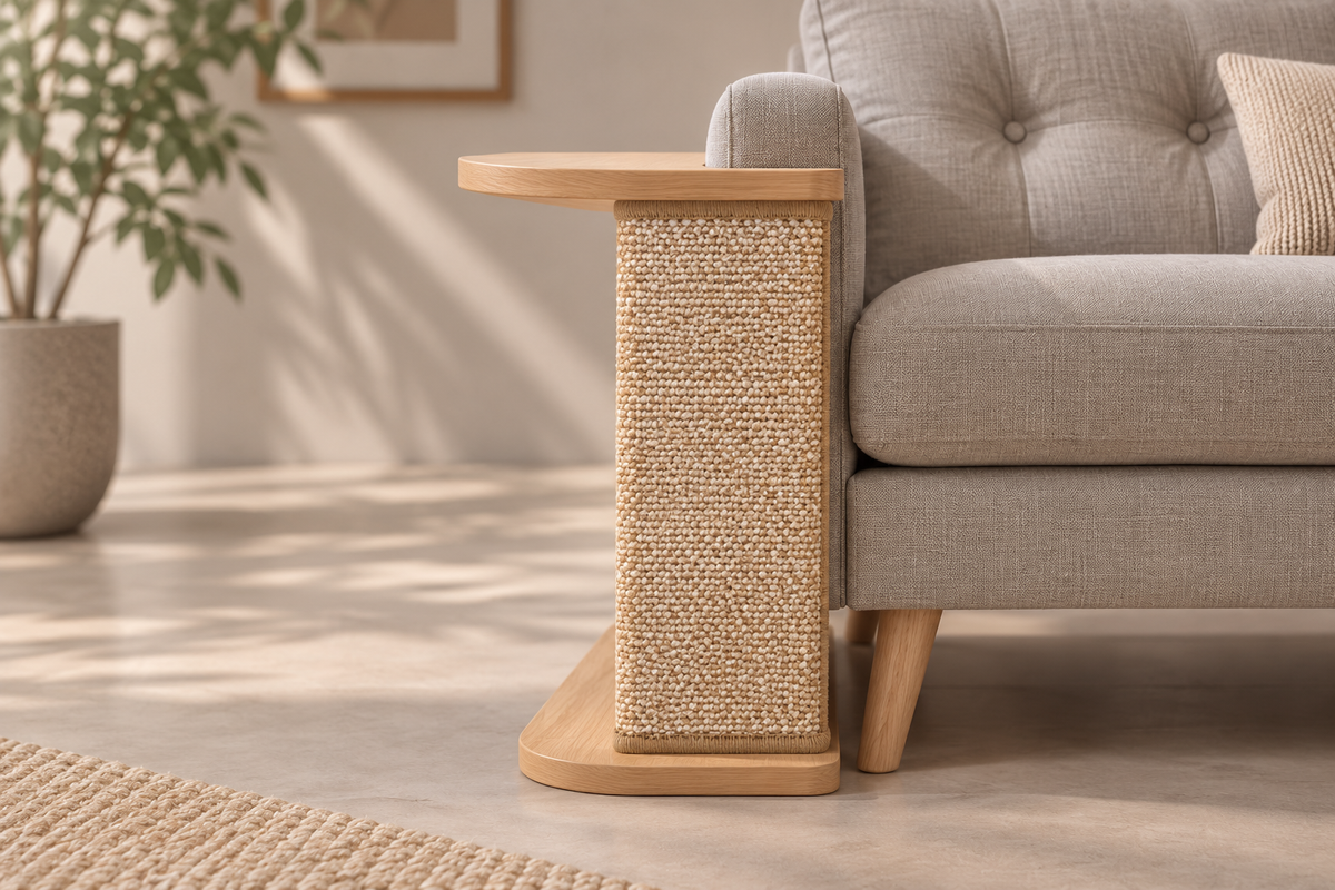 Natural replacement mat installed on the sofa-corner scratching table, side view. Table shown for context; sold separately.