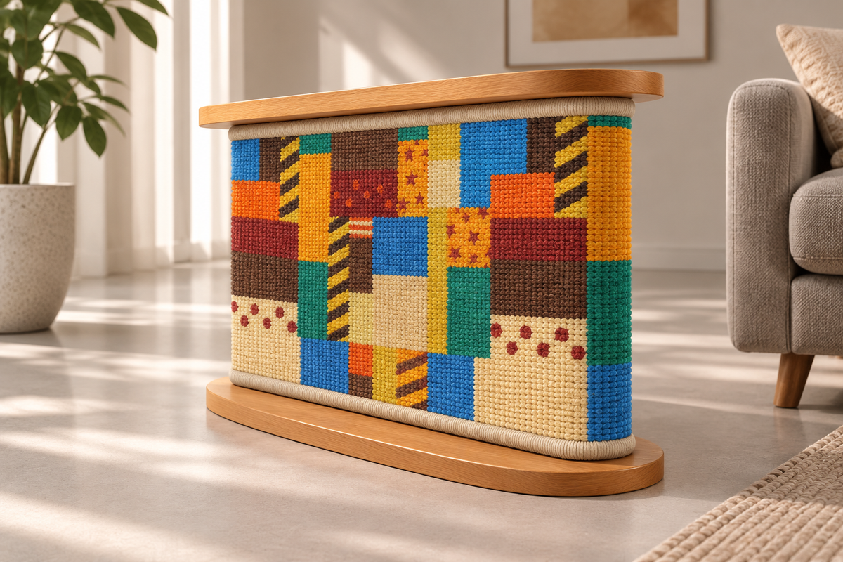 Patchwork replacement mat installed on the sofa-corner scratching table, front view. Table shown for context; sold separately.