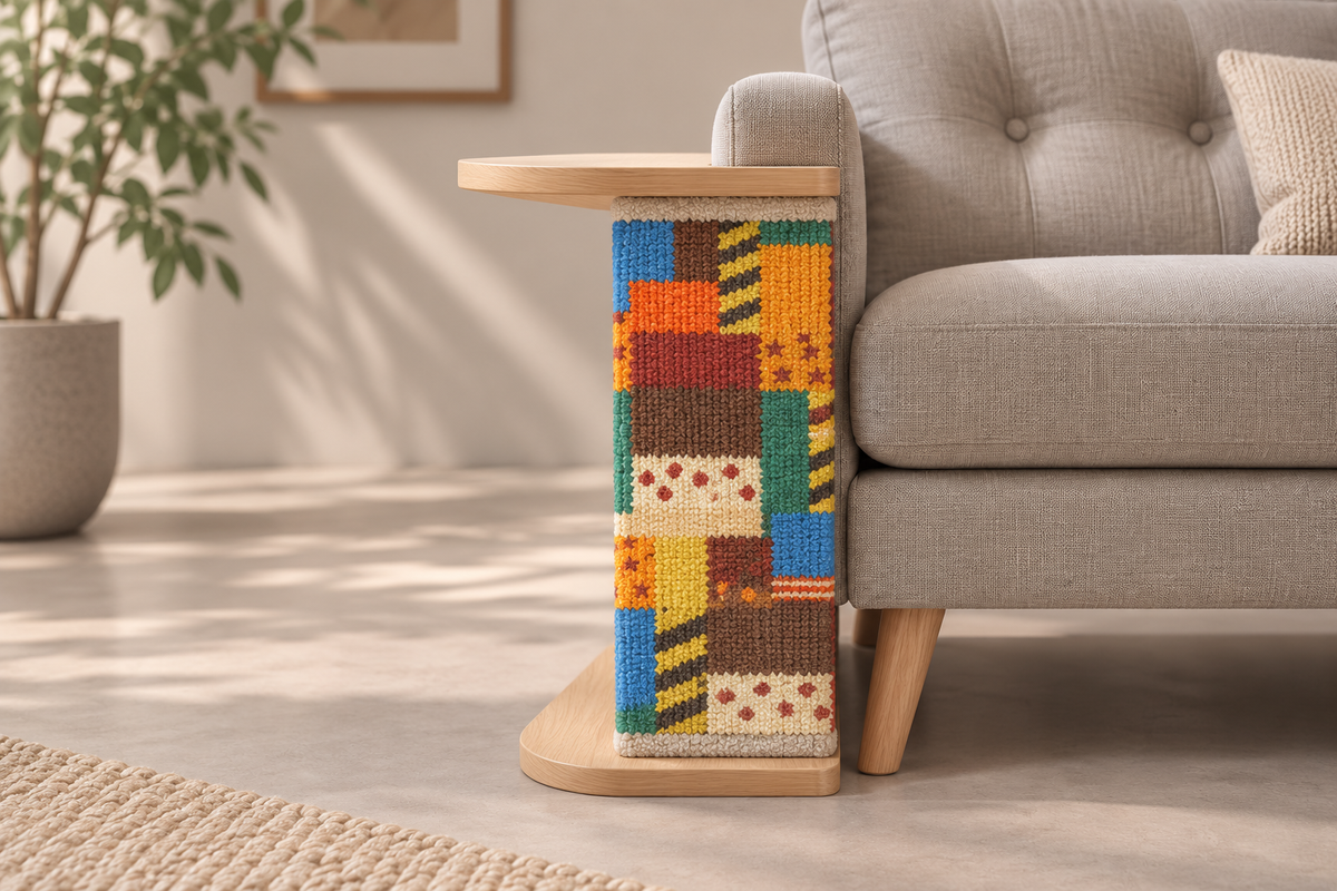 Patchwork replacement mat installed on the sofa-corner scratching table, side view. Table shown for context; sold separately.