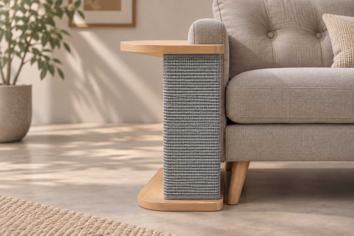 Stone grey replacement mat installed on the sofa-corner scratching table, side view. Table shown for context; sold separately.